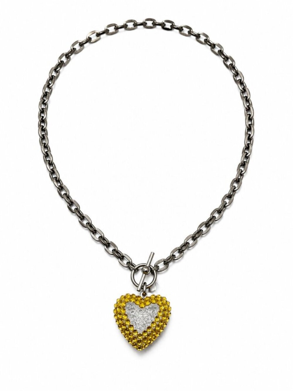 Tarina Tarantino Vintage Big Love Heart Necklace Lucite Yellow Swarovski Crystal